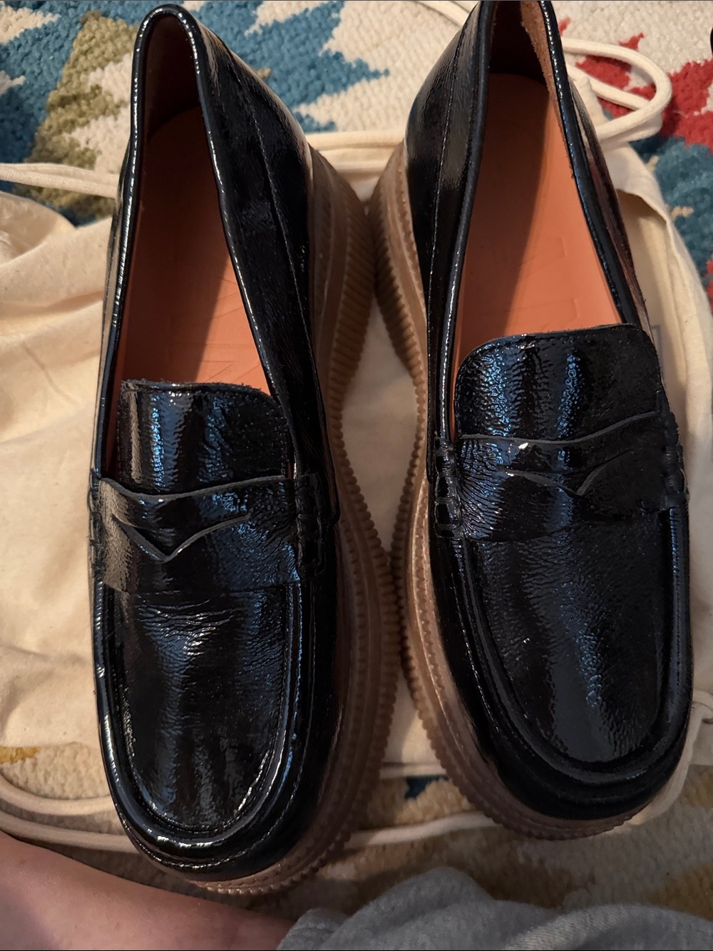 Ganni Black Patent Platform Loafers with Tan Ribbed Sole